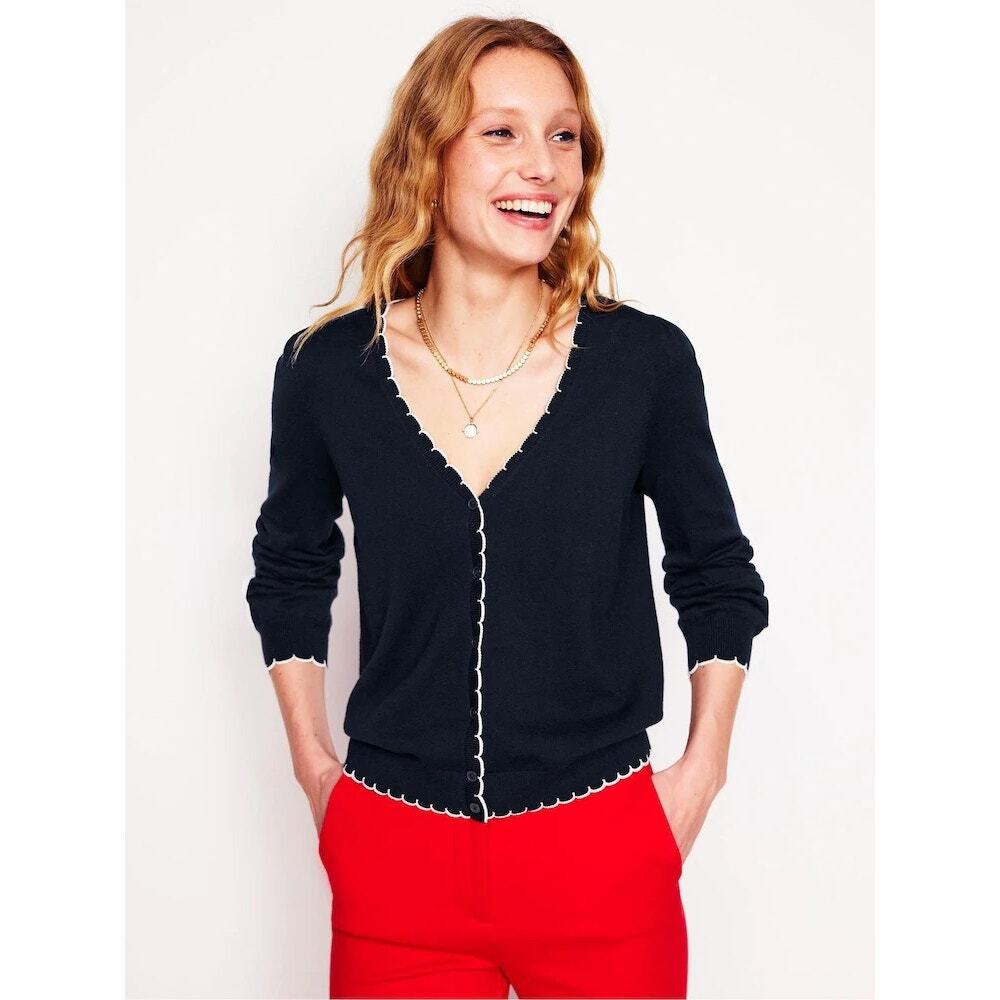 Boden Pru Cardigan Navy Scallop Trim Cotton Blend XS